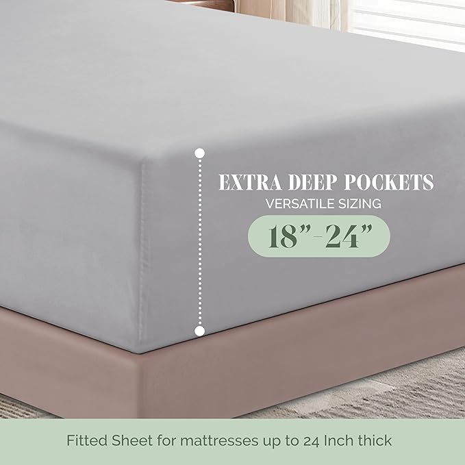 Elegant Comfort Luxury 1500 Premium Hotel Quality Microfiber 4-Piece Sheet Set - Soft, All Around Elastic 18-24 Inches Deep Fitted Sheet - Extra Deep Pocket Sheets, King, Silver Grey