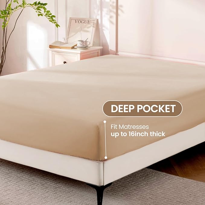 ROSE&RISY Khaki Twin Sheet Set, 3 Pieces Soft Bedding Twin Sheet Set, Breathable and Cooling,Includes Fitted, Flat, Pillow Cases - Deep Pocket (Khaki, Twin)