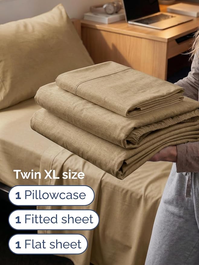 Extra Deep Twin XL Sheet Set - 3 Piece Breathable & Cooling Bed Sheets - Easily Fits 18 to 24 inch Mattress - Soft, Wrinkle & Fade Free with Extra Deep Pockets - Hotel Luxury Bedding - Heathered Tan