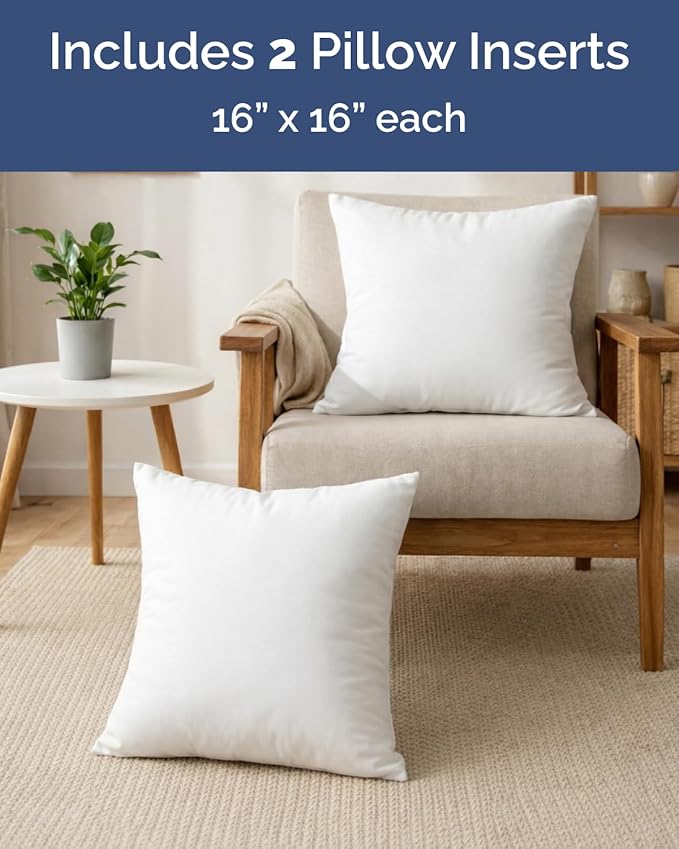 Throw Pillow Inserts 16x16 Set of 2 - Fluffy Down Alternative Fill - 10% More Fill Than Standard Loft - Plump Bounce-Back Support for Indoor & Outdoor Use - Hypoallergenic & Machine Washable - White