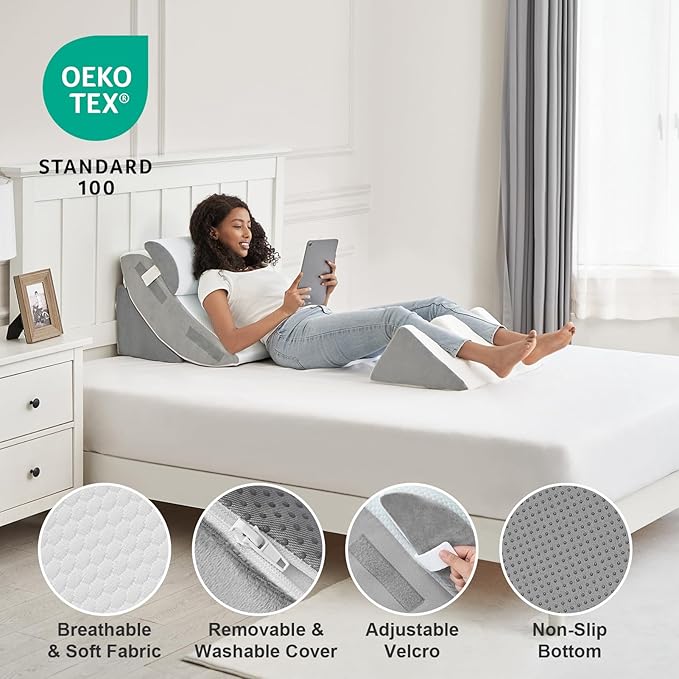 Hansleep Bed Wedge Pillow Set for After Surgery 4PCS, Post Surgery Pillow for Sleep Apnea and Acid Reflux Relief, Adjustable Reading Pillows Back Support with Memory Foam, White, 20"