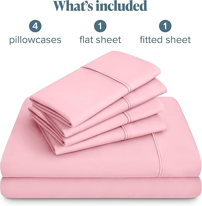 Bare Home Hotel Luxury Full XL Sheet Set, Extra Soft - 6 Piece Set - Deep Pockets - Easy Fit - Cooling & Breathable - Wrinkle, Fade, Stain Resistant - Includes 4 Pillowcases (Full XL, Light Pink)