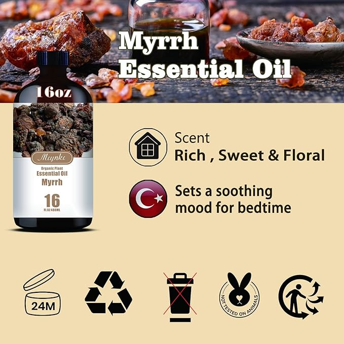 Myrrh Essential Oil – MLYNKL Myrrh Oils 16.33 fl oz for Diffusers, Humidifiers, Massage, DIY Candles, Soap, Cleaning, Home, Yoga, Office, Gifts - 490 ml