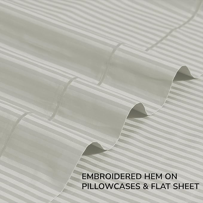 Feather & Stitch 500 TC Twin Size Damask Bed Sheet Set, 100% Cotton Soft Breathable Bedsheets, 3 Piece 18" Deep Pockets Sateen Weave Striped Bedding Mattress Resort Hotel Luxury - (Blue Blush Stripe)