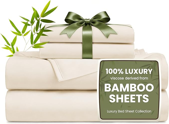 Love's cabin 4 Piece Queen Sheet Set, 100% Rayon Derived from Bamboo, Cooling & Breathable, Soft Silky Deep Pocket up to 16", Hotel Luxury Bedding for Hot Sleepers, Beige
