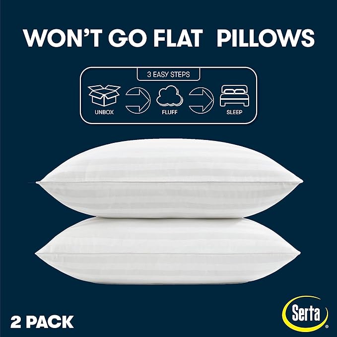 Serta Won't Go Flat Standard/Queen Size Set of 2 Down Alternative Bed Pillows, Extra Life Foam Core with Medium Support, Perfect for Back, Stomach or Side Sleepers, White