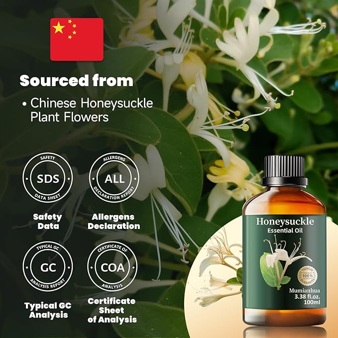 Honeysuckle Essential Oil, Mumianhua Pure Honeysuckle Scent Oil, for Soothing, Reed Diffuser & Romantic Perfume, Calming Floral Aroma for Pillow Mist & DIY, Candle Making 3.38 Fl Oz
