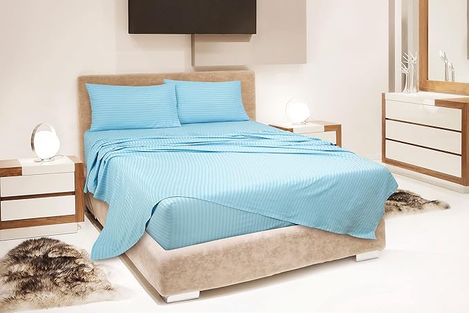 ROYALE LINENS 3 Piece Twin Sheets Set - Soft Brushed 1800 Microfiber - 1 Fitted, 1 Flat Sheet, 1 Pillow case - Wrinkle Free & Fade Resistant - Hotel Luxury Bed Sheets (Stripe Lake Blue, Twin)