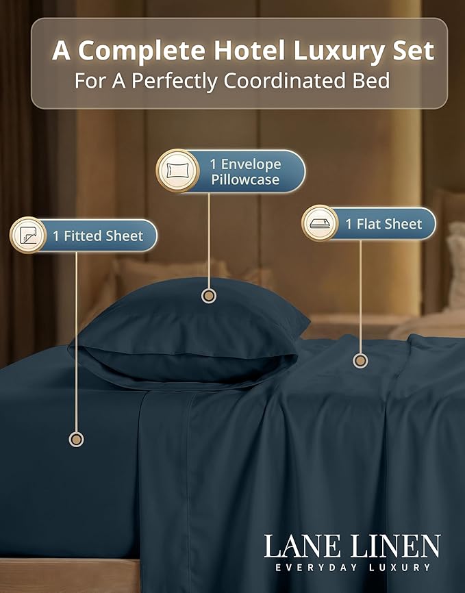 LANE LINEN Twin Sheet Set - 600 Thread Count Premium Sateen Weave for Silky Feel On Skin - Cooling Sheets for Deep Sleep - Securely Fits Mattresses Upto 15'' Deep - Oeko Tex Certified - Estate Blue