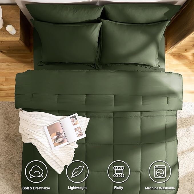 CozyLux Queen Comforter Set Olive Green - 7 Pieces Bed in a Bag Queen, All Season Breathable Bedding Sets,Oeko-Tex Certified Bed Set with Down Alternative Comforter, Sheets, Pillowcases & Pillow shams