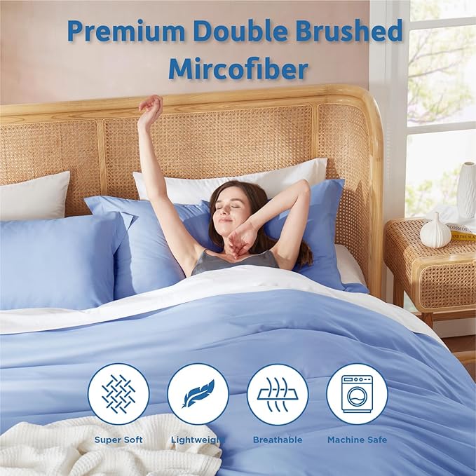 Nestl Queen Duvet Cover Set with Comforter Insert - Calm Blue 4 Piece 90x90 Duvet Cover & 2 Pillow Shams with White Quilted Down Alternative Comforter, Ultra Soft, All Season
