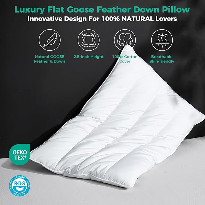 Three Geese Luxury Natural Flat Thin Goose Feather Down Pillows Standard Size, 2.5" Height, 100% Cotton Cover, Medium Firm Hotel Collection Ultra Slim Thin Bed Pillows, Machine Washable, 18" x 26"