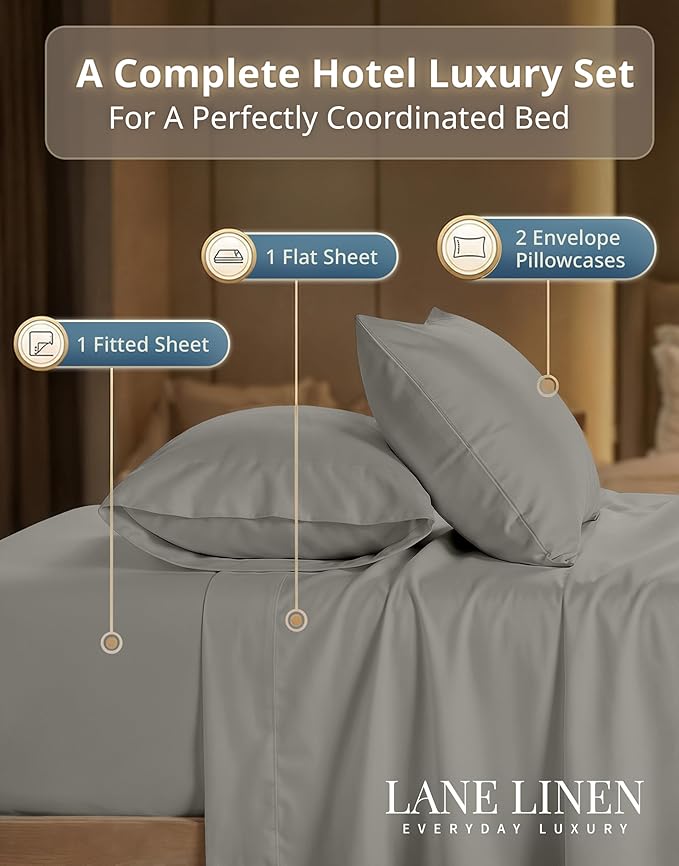 LANE LINEN Queen Size Sheet Set – 600 Thread Count Natural 100% Cotton Breathable Sheets, Durable Bedding for Daily Use, Fade Resistant, Snug Fit 15" Deep Pocket Fitted Sheet – Silver