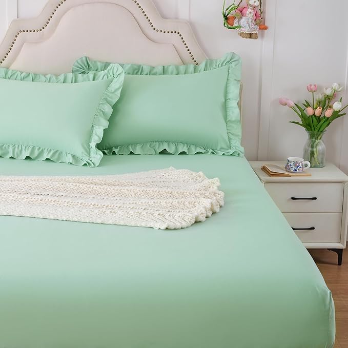 Homiest 2-Pieces Ruffle Pillow Case & Fitted Sheet Set, Sage Green Twin Sheets with Ruffled Pillow Shams, 15 Inch Deep Pocket, Cute & Coquette Microfiber Bed Set for Decorating Bedroom Hotel