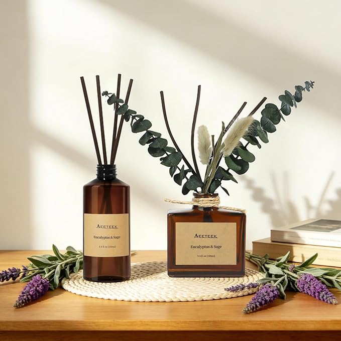 Reed Diffuser, Sage & Eucalyptus Essential Oil Refill with Diffuser Sticks, 6.8 Fl Oz (200ml) Scented Diffusers, Long-Lasting Fragrance for Home Decor