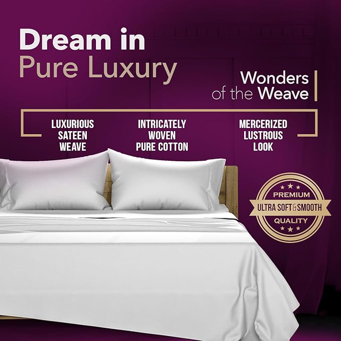 TEXAS LINEN CO. 100% Egyptian Cotton Sheets King Size Set - 1200 Series Star Sleepin' Collection Egyptian Cotton Luxury Sheets King Size (4 PC, Light Grey), 17" Deep Pocket, Sateen Hotel Bedding Set
