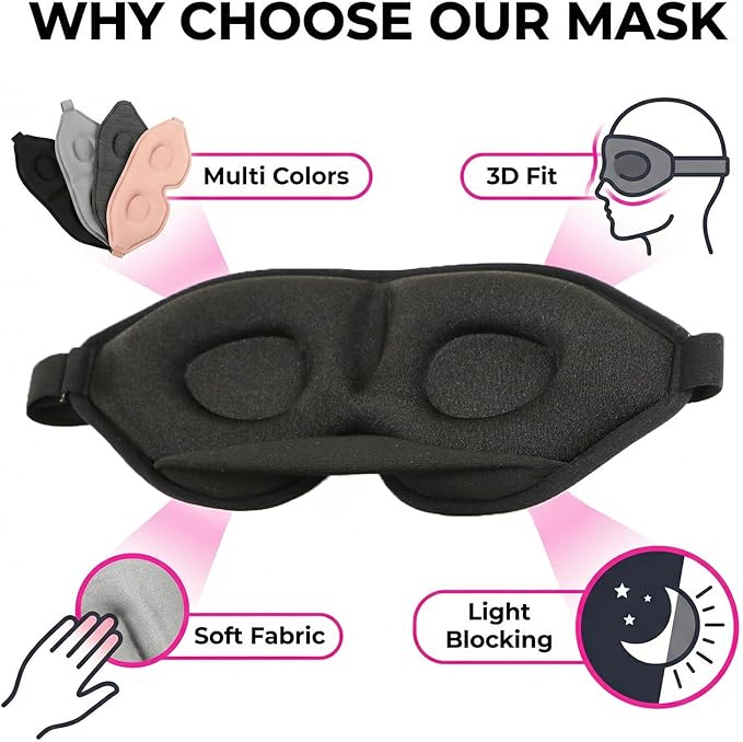 2 Pack Sleep Masks 3D Contoured Eye Mask for Sleeping Upgraded Slanted Nose Wing Light-Blocking Fits Side Sleepers