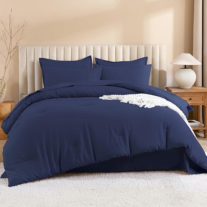 Litanika California King Comforter Set Navy Blue - 7 Pieces Bed in a Bag Cal King Bedding Comforter Sets, Plain Lightweight Bed Set with Comforter, Sheets, Pillowcases & Shams