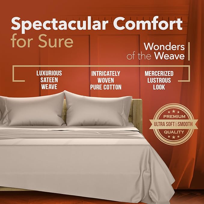 TEXAS LINEN CO. Luxury Egyptian Cotton Twin Size Sheet Set - Texan Talkin' Collection 600 Series 3 PC Deep Pocket Fitted and Flat Sheets, Extra Long Staple Sateen Bedding, Dorm Room Sheets - Taupe