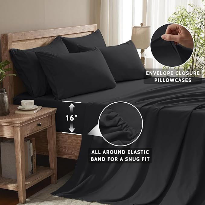 Queen Sheet Set - 6 Piece Sheets Queen Size Bed Set - Breathable & Cooling Hotel Luxury Bedding Set - Soft & Comfy Fully Elasticized 16" Deep Pocket Queen Sheets (Queen Balck)
