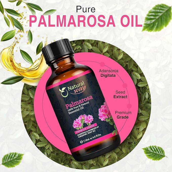 Palmarosa Essential Oil for Diffusers | Natural Aroma Oil for Home Fragrance, Humidifier & DIY Candle Making, Long Lasting Scent for Office, Bedroom & Soothing Scent 4 Fl Oz (120 mL)
