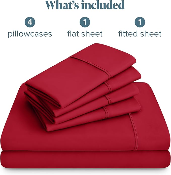 Bare Home Hotel Luxury Cal King Sheet Set, Extra Soft, 6 Piece Set, Deep Pockets, Easy Fit, Cooling & Breathable, Wrinkle, Fade, Stain Resistant, Includes 4 Pillowcases (California King, Red)