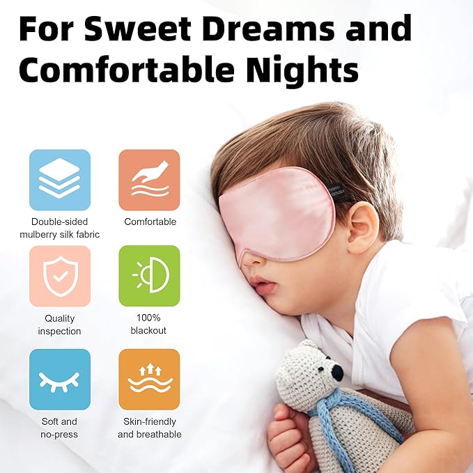Silk Sleep Eye Mask for Kids, 100% Real Natural Pure Silk Sleeping Masks, Blindfold Sleep Eye Cover with Adjustable Strap, Soft & Lightweight Night Eyeshade for Boys Girls Teens (Pink)