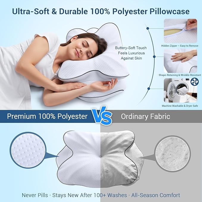 AZBESTPRO Memory Foam Cervical Pillow for Neck Support & Pain Relief, Butterfly Ergonomic Design – 24×15.75×5.7 Inches, Removable 100% Polyester Pillowcase, Suitable for Side & Back Sleepers (Grey)