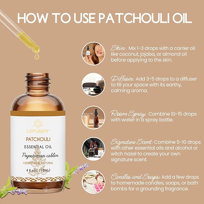 Patchouli Essential Oil for Skin Hair Diffuser, 100% Pure Natural Patchouli Oil for Room Spray, Roll On, DIY Candles & Soap Making - 4 Oz