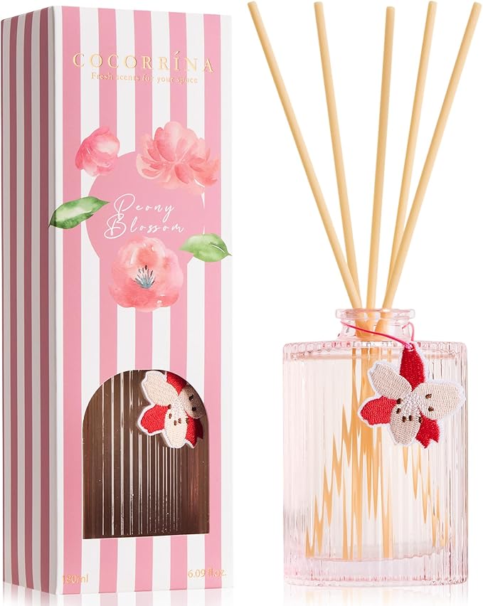 COCORRÍNA Reed Diffuser Set, 6.09 fl oz Peony Blossom Oil Diffuser with 8 Reed Sticks, Long-Lasting Home Fragrance for Bathroom Bedroom Office