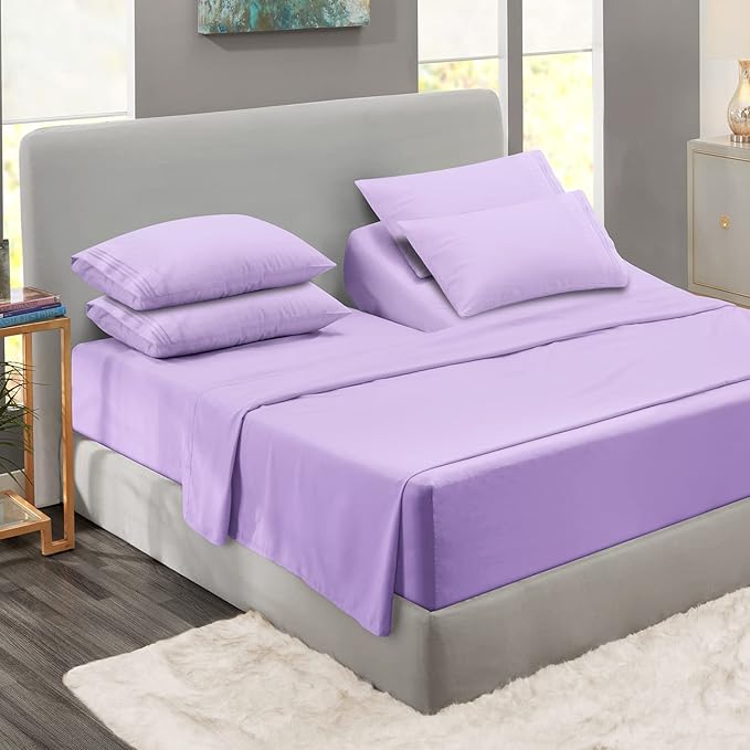 Clara Clark Flex Top King Sheets, 6 Piece Set - Hotel Luxury Sheets for Top Split King Bed, Super Soft Bedding Set, Head Split King Lavender
