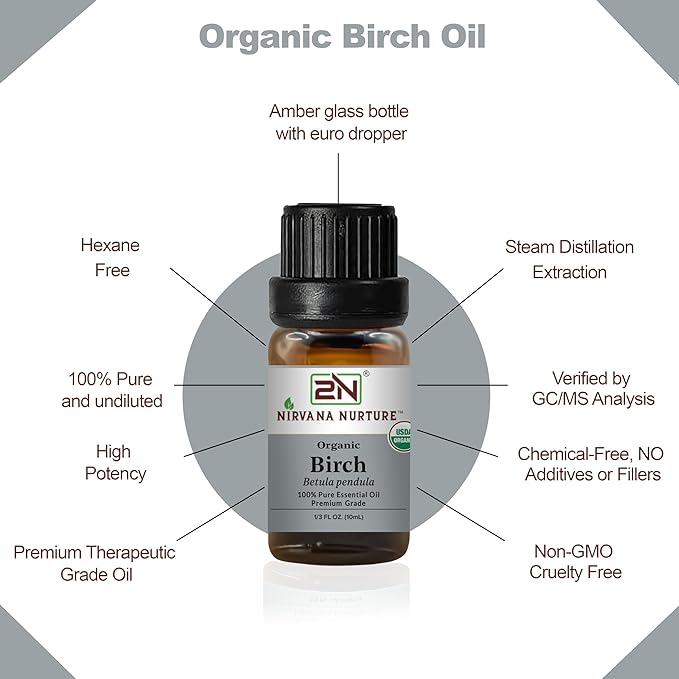 Birch Essential Oil, USDA Certified Organic, 100% Pure Undiluted, Aromatherapy Oil for Diffuser, Hair & Skin Care
