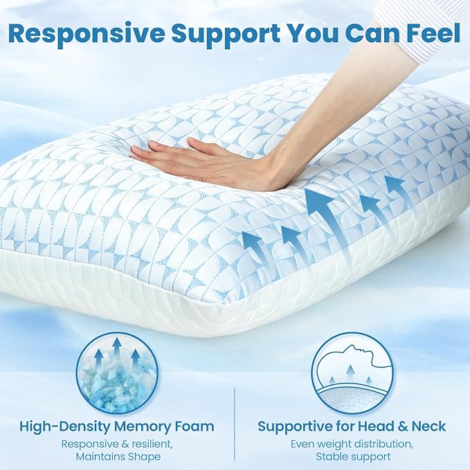 QUTOOL Firm Cooling Pillow Shredded Memory Foam(Adjustable Loft), Supportive Gel Pillow for Side, Back, and Stomach Sleepers, Washable Cover, Queen Size, for Parents Men