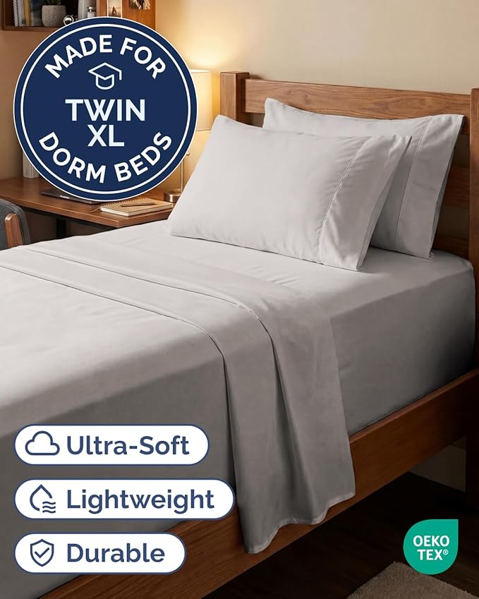 Extra Deep Twin XL Sheet Set - 4 Piece Breathable and Cooling Sheets - Hotel Luxury Bedding for Women, Men, Kids & Teens - Easy & Secure Fit - Soft and Wrinkle Free - Extra Deep Pockets - Light Grey
