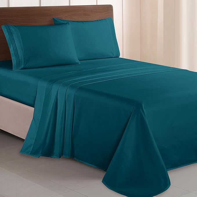 Elegant Comfort Luxurious 1500 Premium Hotel Quality Microfiber Three Line Embroidered Softest 4-Piece Bed Sheet Set, Wrinkle and Fade Resistant, Full, Marine Teal