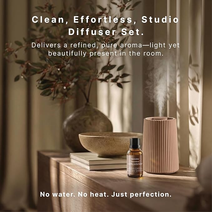 Homedics Waterless Essential Oil Diffuser with 15ml Vanilla Cedarwood Fragrance Oil. SereneScent Cordless Cold Air Scent Diffuser Starter Kit with Ambient Light, Studio 671 (Terracotta)