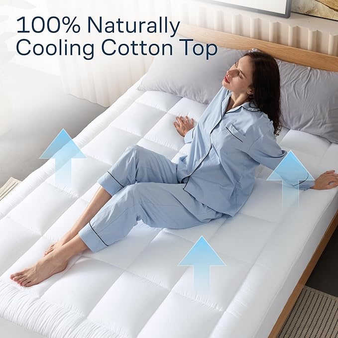 Niagara Sleep Solution Cloud-Like Queen Mattress Topper - 100% Cotton Top Mattress Pad for Back Pain Relief - Breathable & Naturally Cooling for Hot Sleepers, White