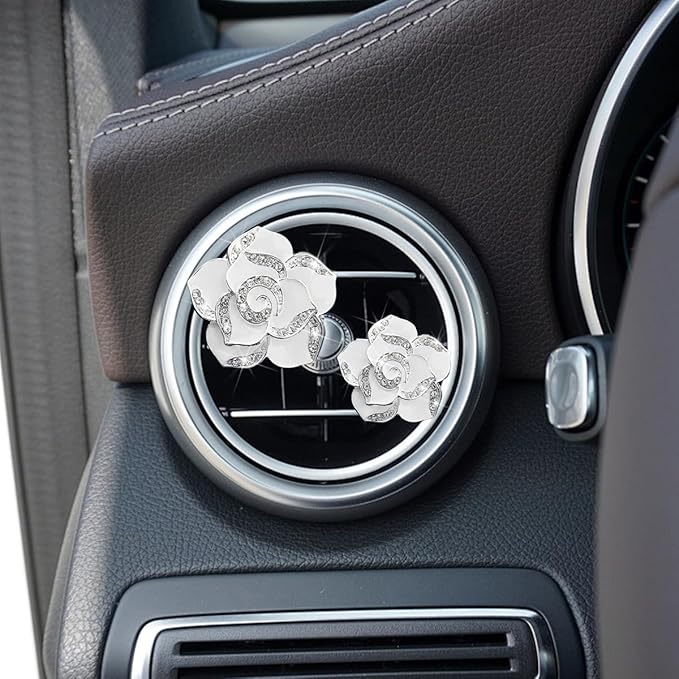 4PCS Bling Car Air Vent Clips, Flower Shiny Rhinestone Clip-on Vehicle Air Outlet Clamp, Sparkly Diamond Auto Interior Vent Decoration Clip, Universal for SUV Automobile Truck (White)