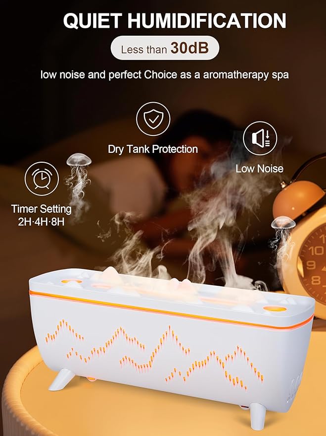 280ML Volcano Jellyfish Diffuser: Low Noise 2 Ring Holes with Timer - Aromatherapy Aroma Humidifiers for Bedroom Office Hotel - Essential Oil Flame Air Diffuser Leak-Proof