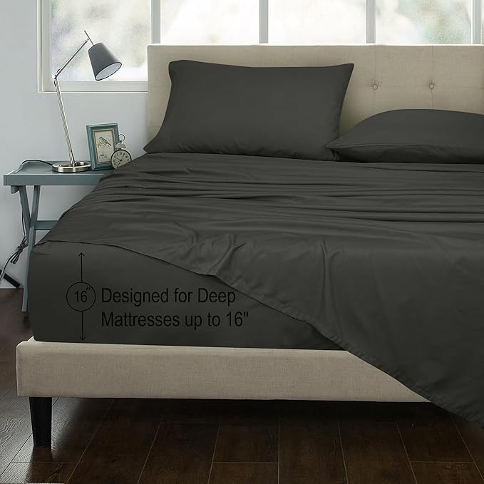 ROYALE LINENS 300 Thread Count 100% Long Staple Combed Cotton Sheet Set - 4 Piece King Bed Sheet 1 Fitted Sheet, 1 Flat Sheet, 2 Pillow Cases - Breathable, Cool & Crisp Percale Sheet Set (King, Black)