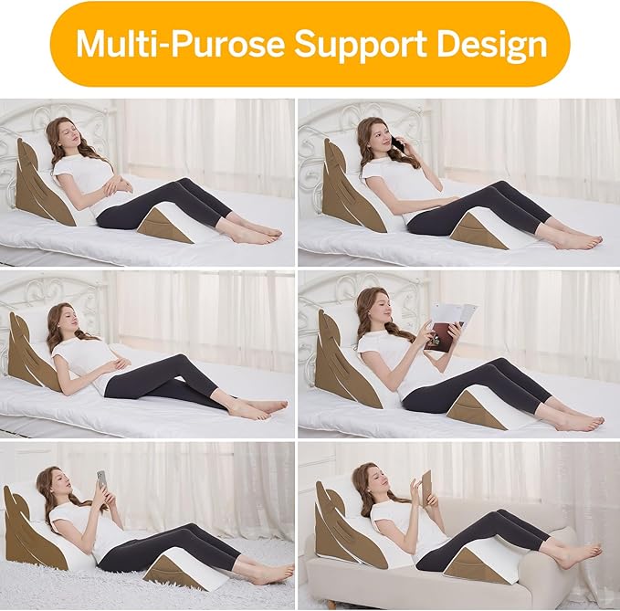 Wedge Pillow Set for After Surgery – 4PCS Orthopedic Bed Wedge Pillows for Sleeping – Adjustable Memory Foam Triangle Support for Back Pain Relief, Acid Reflux & Recovery (Coffee)
