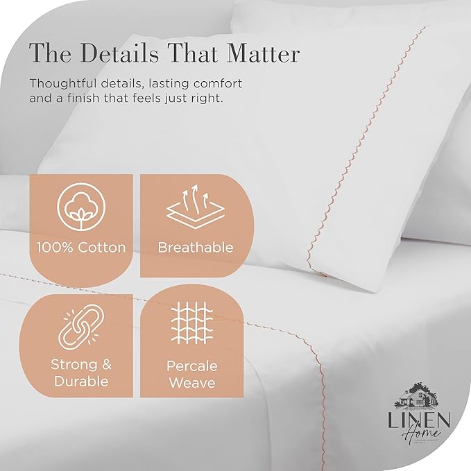 Linen Home 100% Cotton Percale Moon Scallop Hem Pillowcases King Size, Peach, 2 Pieces of Pillow Case, Crisp and Cool Strong Bed Linen, 20 inches X 40 inches