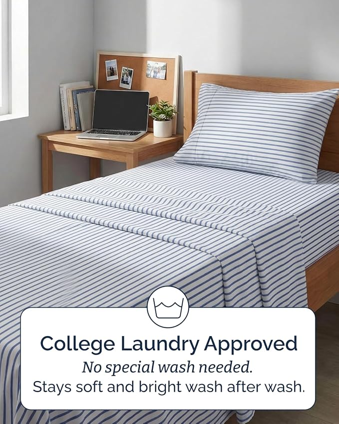 Extra Deep Twin XL Sheet Set - 3 Piece Breathable & Cooling Bed Sheets - Easily Fits 18 to 24 inch Mattress - Soft, Wrinkle & Fade Free w/ Extra Deep Pockets - Hotel Luxury Bedding - Blue Stripes 2