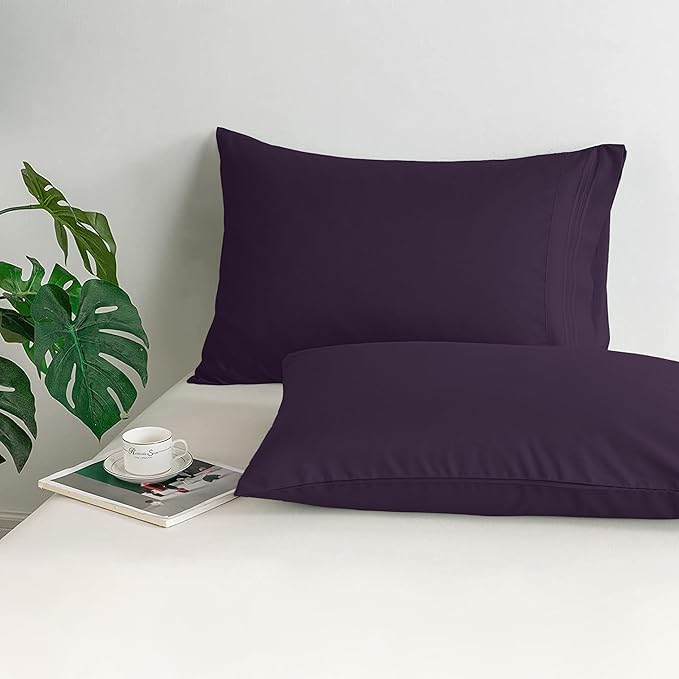 Mocassi 2-Piece Premium Standard/Queen Pillowcase Set 1800 Series Hotel Quality Microfiber - Soft and Breathable with 3-Line Embroidery Wrinkle and Stain Resistant, Easy Care, 20" x 30", Purple