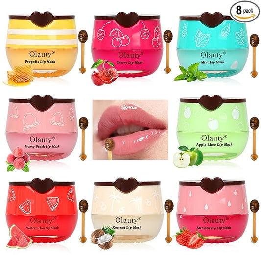 8Pcs Bee Lip Balm Honey Pot, Lip Mask Skincare, Strawberry, Watermelon, Apple Lime, Cherry, Mint, Coconut, Peach, Moisturizing Honey Balm Bulk Gifts, Mothers Day Gifts, Teacher Appreciation Gifts