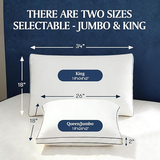 Blue Ridge Home Fashions Hotel Bed Pillows Queen Size Set of 2, 400 Thread Count 100% Cotton Cover, Medium Soft, Support Gusseted Down Alternative Pillow for Back, Stomach or Side Sleepers, 18" x 26"