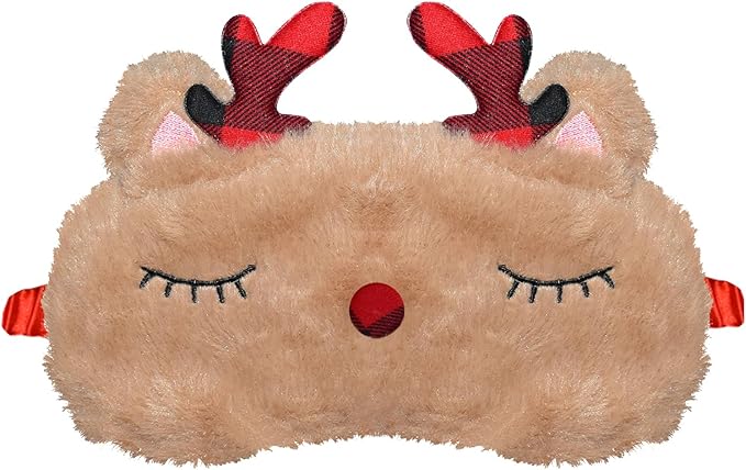 Cute Animal Sleeping Mask Sleep Mask, Xmas Reindeer Soft Plush Eye Mask for Travel Nap Funny Rudolph Blindfold Eye Cover Eyeshade for Adult Kids Girls Teens Men Women - Reindeer, Red & Brown