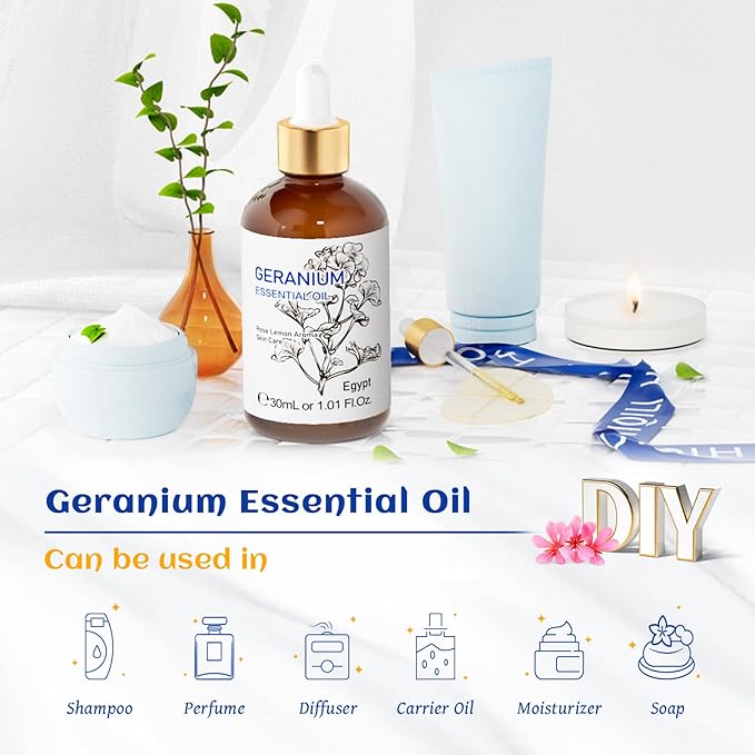 HIQILI 30ML Geranium Essential Oil， for Skin, Diffuser & Candle, 100% Pure and Natural - 1.01 Fl.Oz