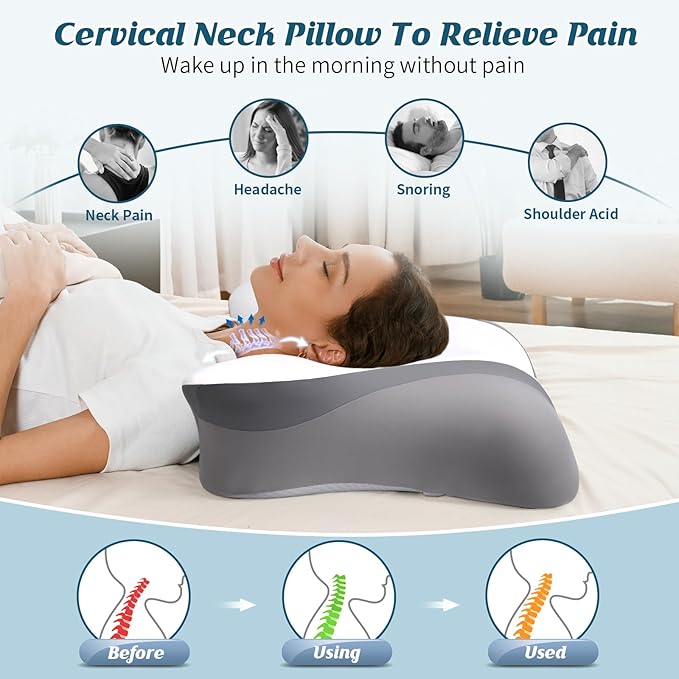 Cervical Pillow for Neck Pain Relief, Contour Memory Foam Pillows for Sleeping, Ergonomic Pillow Adjustable Orthopedic Cooling Pillow Bed Pillow for Side, Back & Stomach Sleepers