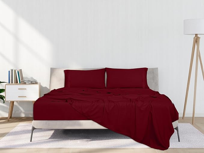 ROYALE LINENS 4 Piece Cal King Sheets Set - Soft Brushed 1800 Microfiber - 1 Fitted, 1 Flat Sheet, 2 Pillow Cases - Wrinkle Free & Fade Resistant - Hotel Luxury Bed Sheets (Burgundy, Cal King)